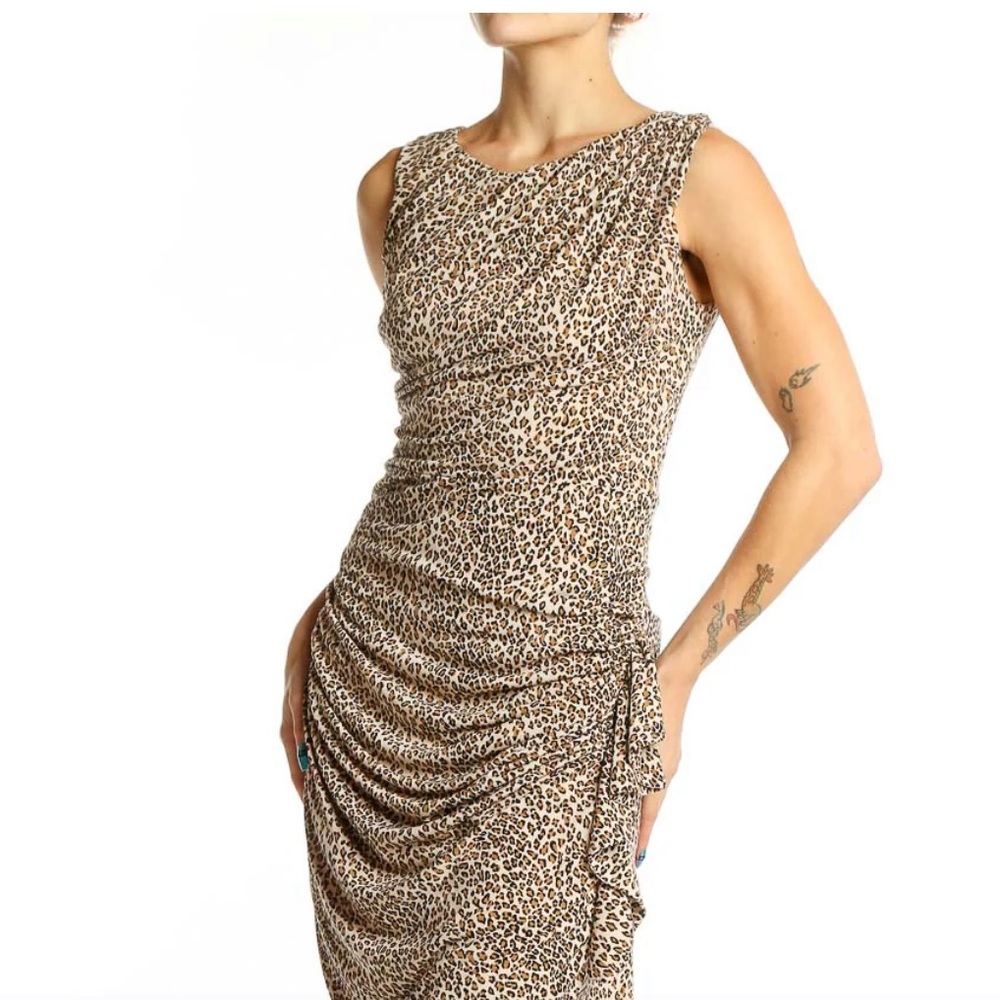 Betsey Johnson Animal Print Dress Sleeveless Sheath Ruched Leopard Cheetah Sz 12